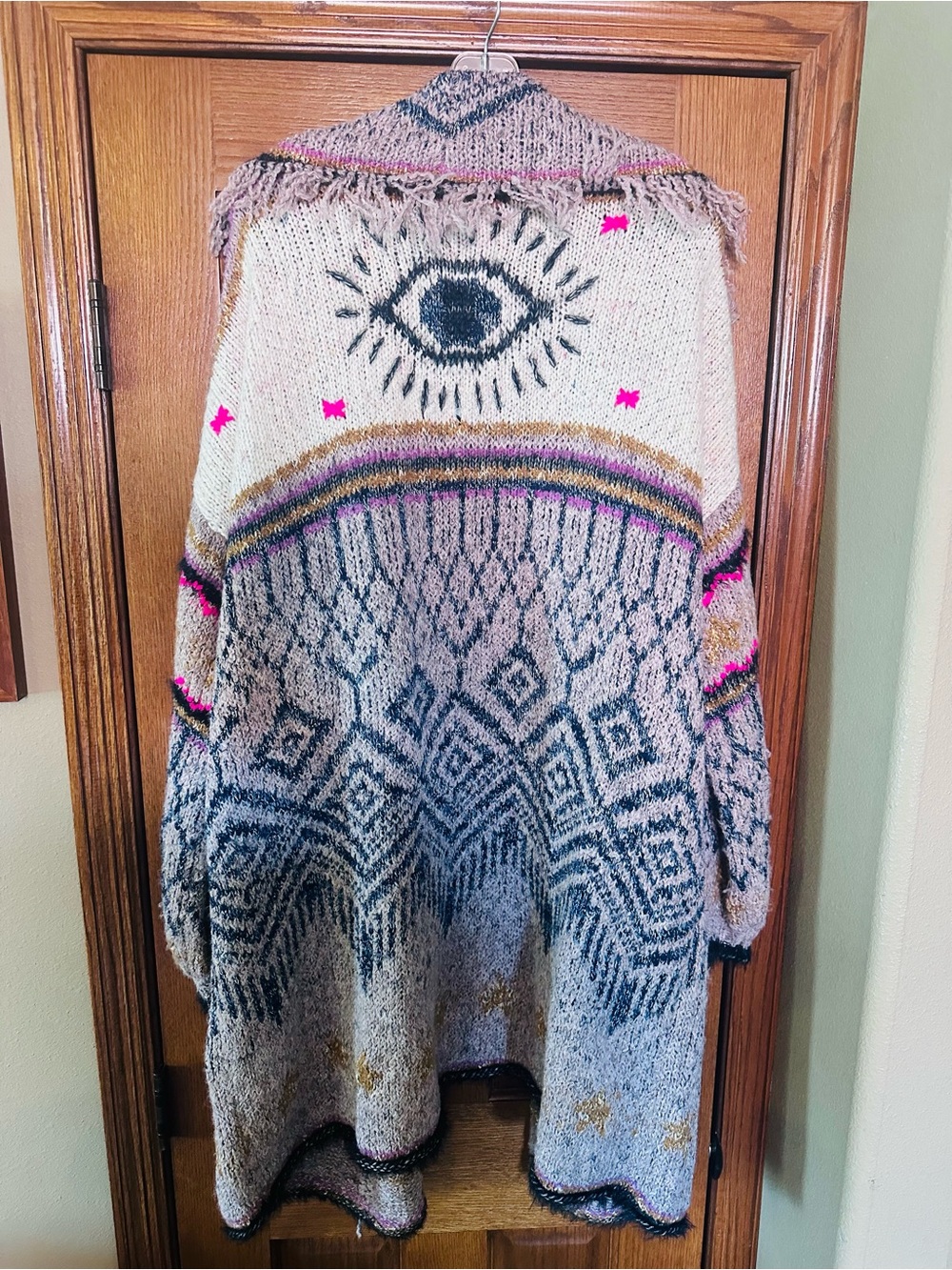 Pilcro Pink Evil Eye Multi Fringe Knit Duster Cardigan - Picture 4 of 5